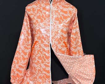 Size M Salmon Floral Rainpuk: Waterproof Alaskan Kuspuk Raincoat