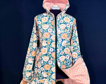 Size L Dusty Pink Peonies Rainpuk: Waterproof Alaskan Kuspuk Raincoat