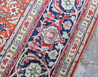 Orange Vintage Area Rug, Handmade Turkish Rug 8x11, Oriental
