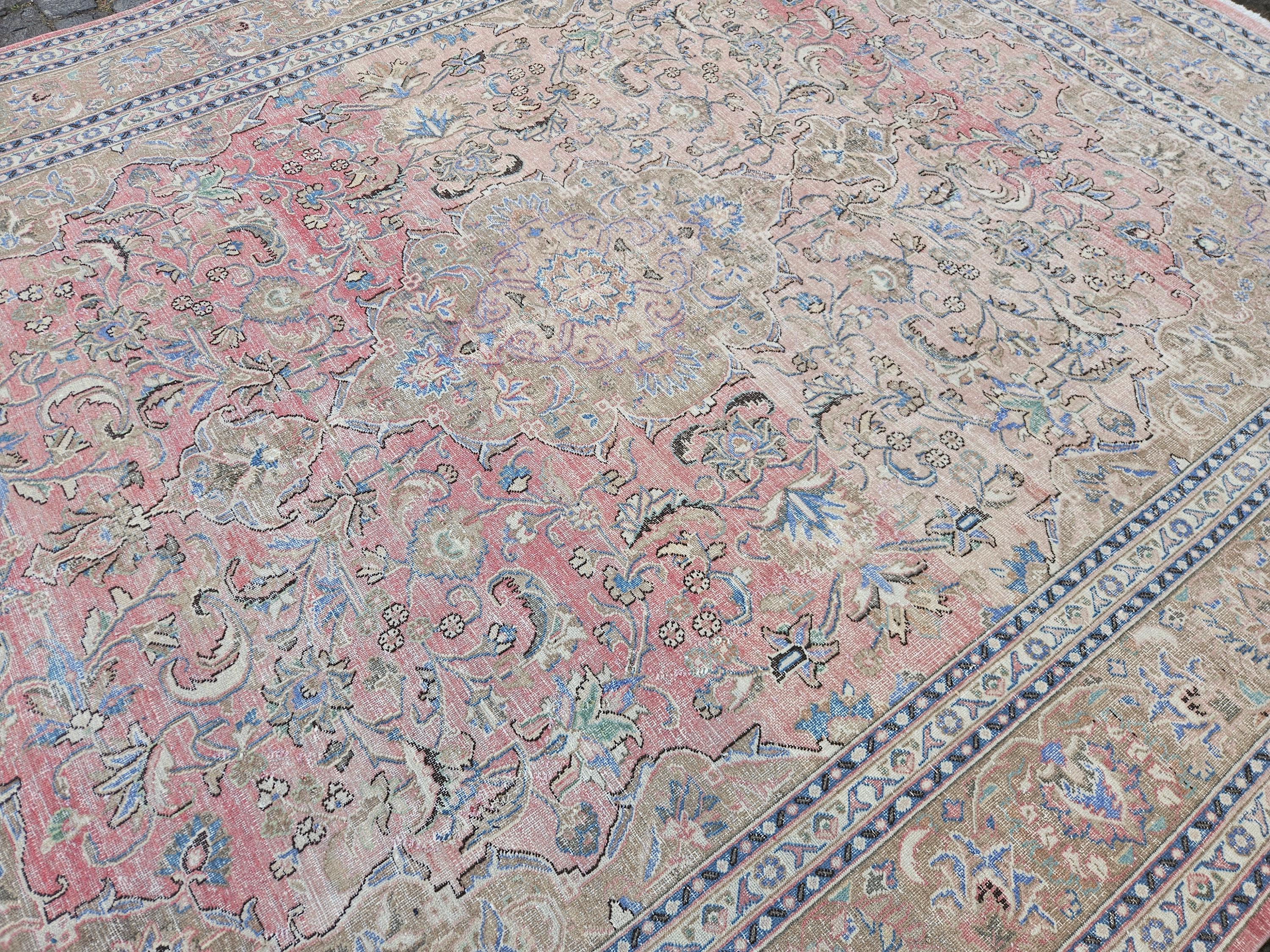 Handmade Pink Turkish Rug 9x12, Vintage Wool Area Carpet 10x13