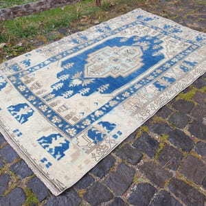 Blue Organic Bedroom Carpet 4x6, Handmade Turkish Beige Wool Area Rug, Vintage Traditional Home Decor, (46"x78")