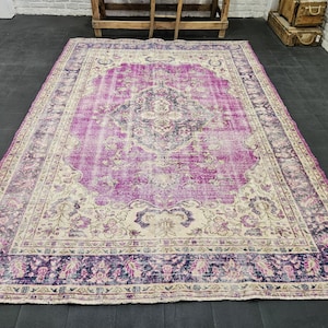 Purple Area Rug, Living Room Rug 6x9, Large Home Decor Rug, Handmade Turkish Rug, Vintage Office Rug, Wool Organic Bedroom Rug, 80&quot;x110&quot;