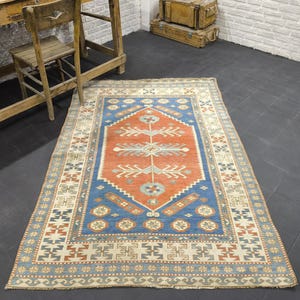 Colorful Area Rug, Home Decor Rug, Handmade Turkish Rug, Vintage Rug 4x6, Organic Bedroom Rug, Red Kitchen Rug, Blue Bathroom Rug, 50&quot;x72&quot;