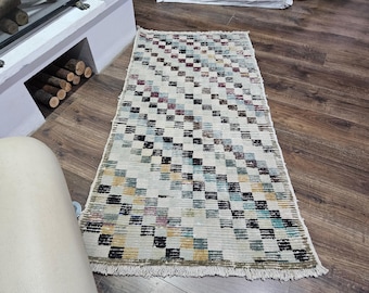 Handmade Checkered Turkish Wool Rug: Vintage Small Area Rug 2x4