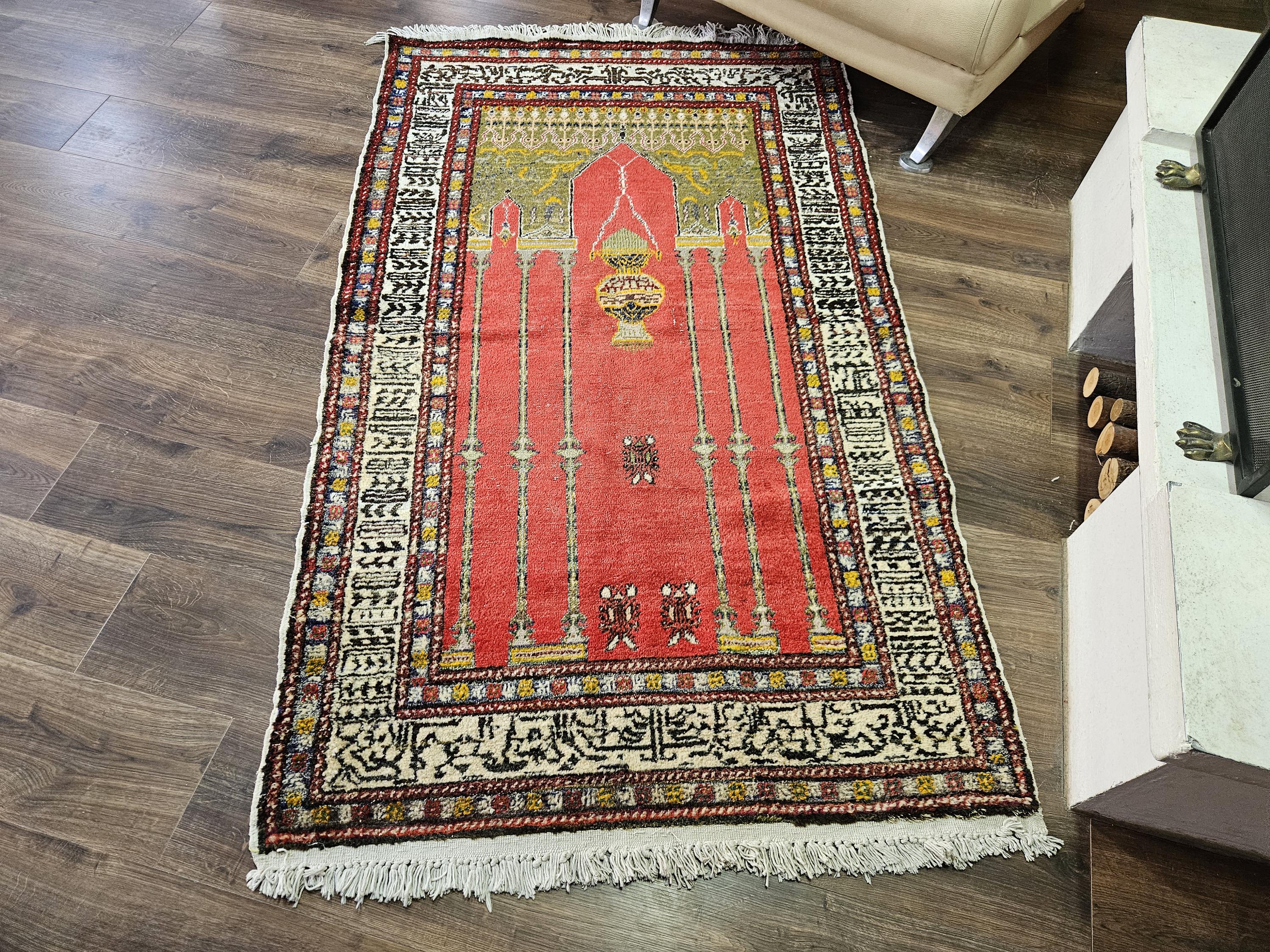 Handwoven Turkish Prayer Rug 3x5, Vintage Red Muslim Wool Carpet