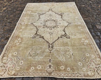 Large Brown Vintage Area Carpet For Living Room, Authentic Handwoven Turkish Rug 6x9, Traditional Organic Bedroom Home Decor, (78”x115”)