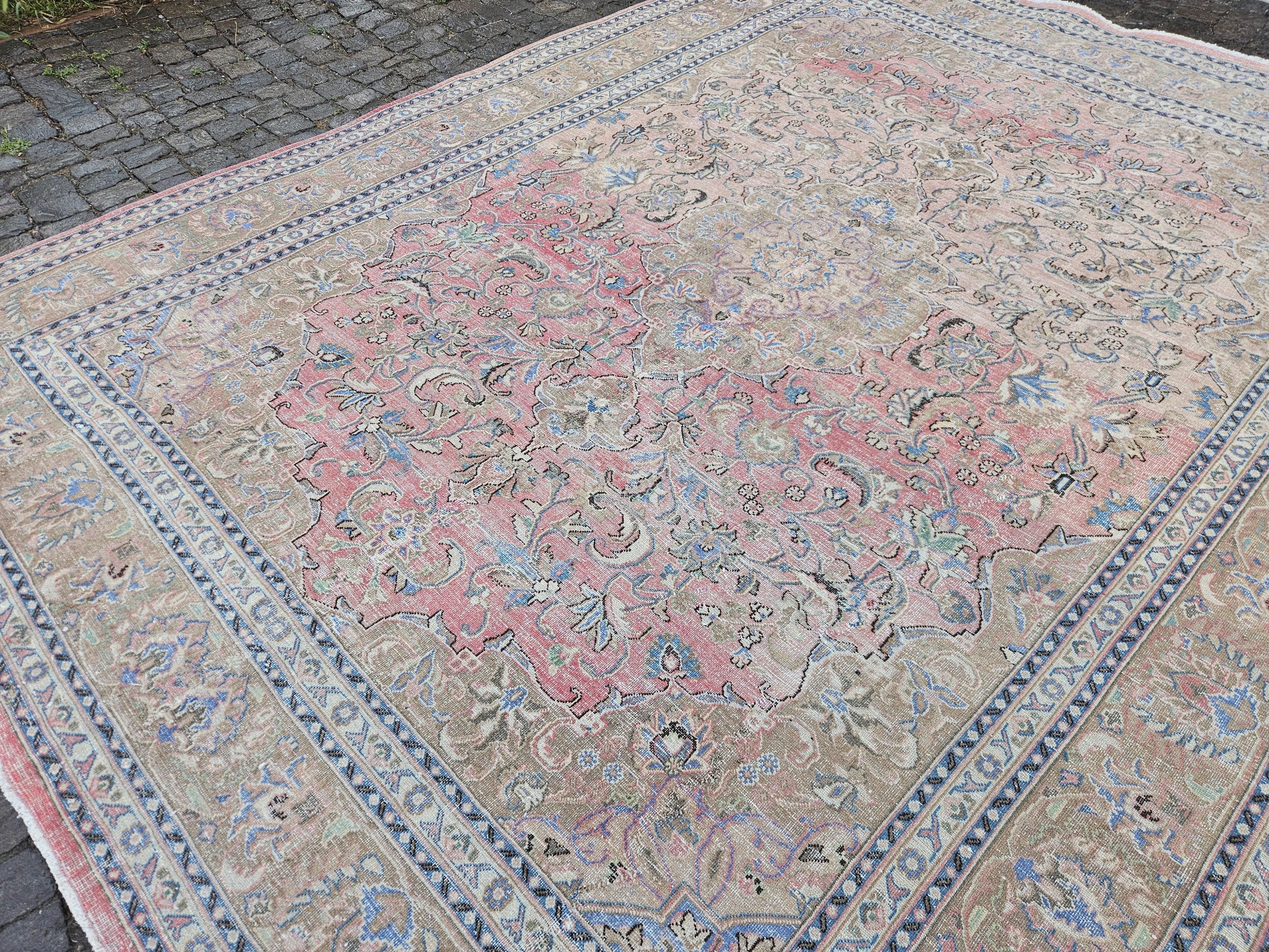 Handmade Pink Turkish Rug 9x12, Vintage Wool Area Carpet 10x13