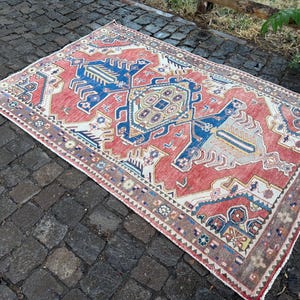 Vintage Rug 4x6, Red Area Rug, Organic Bedroom Rug, Home Decor Rug, Oriental Bathroom Rug, Handmade Turkish Rug, Oushak Kitchen Rug, 50&quot;x75&quot;