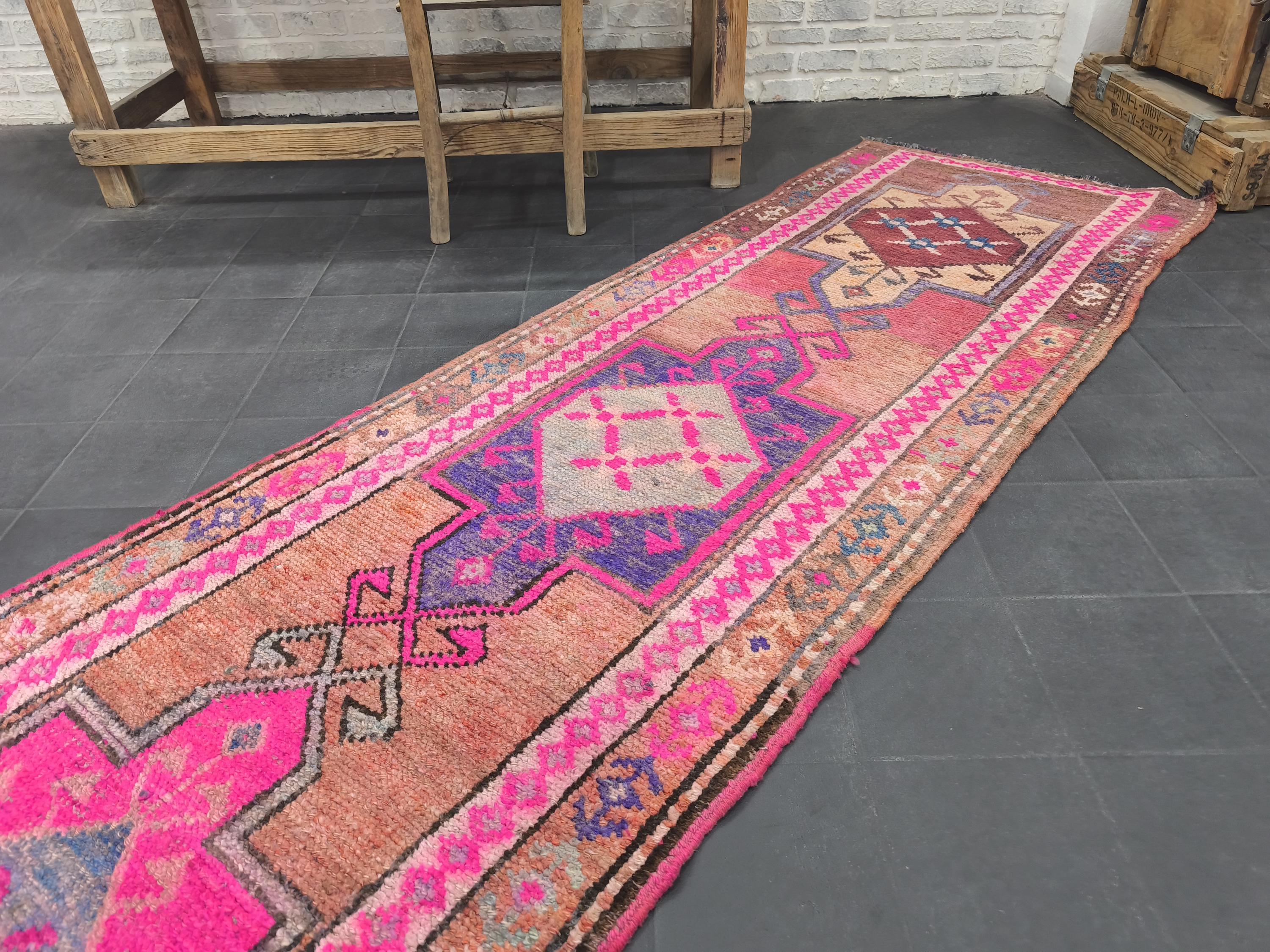 Handmade Pink Turkish Runner Rug: Organic Wool Kitchen Rug 3x13