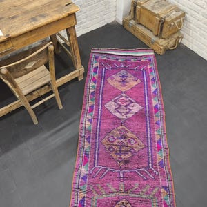 Long Purple Runner Rug, Vintage Runner Rug 3x14, Area Runner Rug, Handmade Turkish Rug, Organic Bedroom Rug, Wool Kitchen Rug, 33&quot;x168&quot;