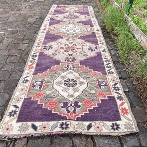 Purple Runner Rug, Vintage Runner Rug 3x10, Area Runner Rug, Handmade Turkish Rug, Organic Bedroom Rug, Wool Kitchen Rug, 36&quot;x117&quot;