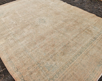 May include: A large, rectangular rug with a faded, vintage appearance. The rug features a central medallion design and a border with intricate patterns. The color palette is primarily beige and muted blue, with hints of rust and brown.