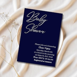 Navy Blue Baby Shower Invitation Minimalist Baby Shower Invite Digital Download Canva Template Printable Baby Shower Invitation Editable