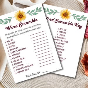 Sunflower Baby Shower Word Scramble Game | 5x7 Printable with Answer Key | Editable Canva Template Rustic Floral Baby Game Digital Download