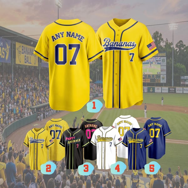 Maglia da baseball personalizzata, stampa con nome, numero e logo, banane gialle personalizzate, regalo per bambini piccoli