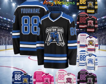 May include: Black hockey jerseys with blue and white detailing, displaying the number "88" and the text "YOURNAME". The jerseys feature a custom logo and are available in various colours, including black, yellow, red, and pink.