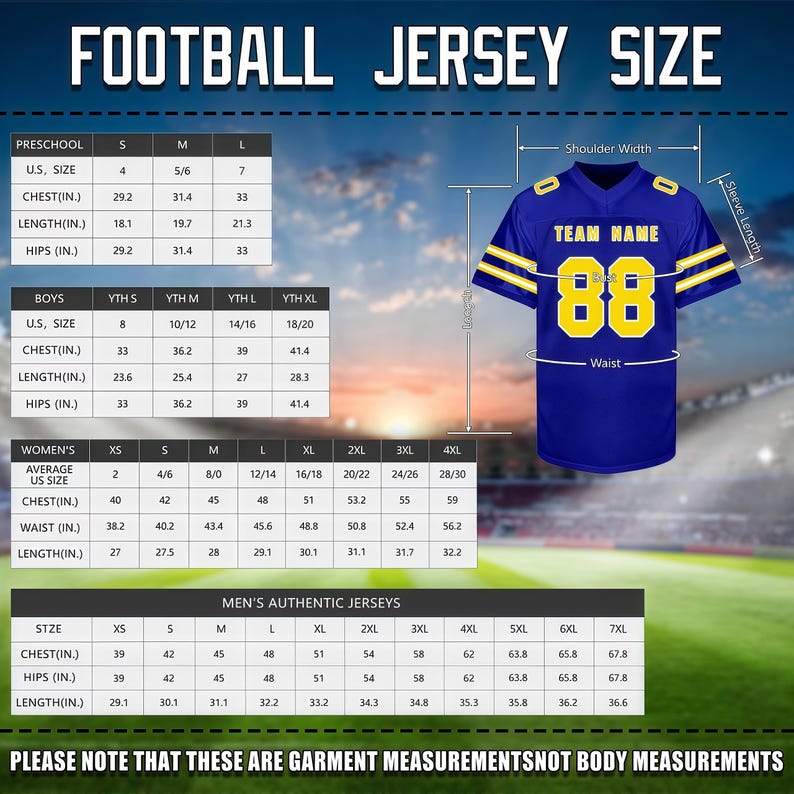 Puede incluir: Una camiseta de f&uacute;tbol azul con detalles amarillos, con el n&uacute;mero 88 y espacio para el nombre del equipo. La imagen incluye una tabla de tallas para ni&ntilde;os, ni&ntilde;os, mujeres y hombres, con medidas en cm.