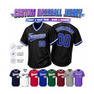 May include: Black baseball jersey with blue accents, featuring "Teamname" and the number "00" on the front. The back displays "YOUR NAME" and "00". The image showcases multiple color options, including navy, white, red, blue, green, maroon, gray, and purple.