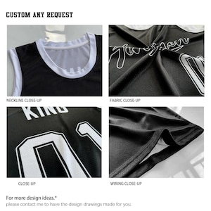 May include: A black and white sleeveless jersey featuring the text CUSTOM ANY REQUEST, NECKLINE CLOSE-UP, FABRIC CLOSE-UP, CLOSE-UP, WIRING CLOSE-UP, and For more design ideas. The jersey displays the word KING and the number 01 in white.