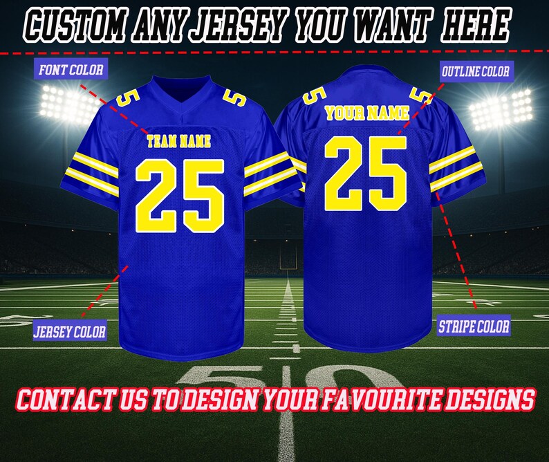 Puede incluir: Dos camisetas de f&uacute;tbol azules con detalles amarillos. La camiseta delantera muestra "TEAM NAME" y el n&uacute;mero "25". La camiseta trasera muestra "YOUR NAME" y el n&uacute;mero "25". Tambi&eacute;n se ve el texto "CUSTOM ANY JERSEY YOU WANT HERE" y "CONTACT US TO DESIGN YOUR FAVOURITE DESIGNS".