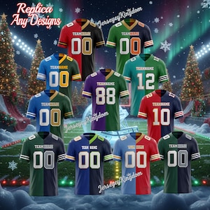 May include: A collection of football jerseys in various color combinations, including red, black, green, blue, and purple. Each jersey features a team name and number, with the text "Replica Any Designs" and "Jerseycy Kingdom" visible.