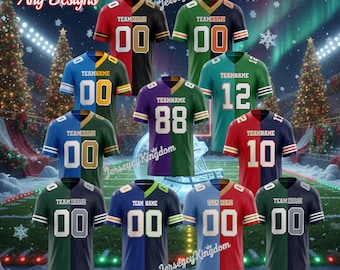 Maglia da football personalizzata con colori divisi, maglietta per tifosi sportivi metà e metà, stampa personalizzata o logo ricamato sulla maglia, maglietta regalo di Natale per il giorno della partita