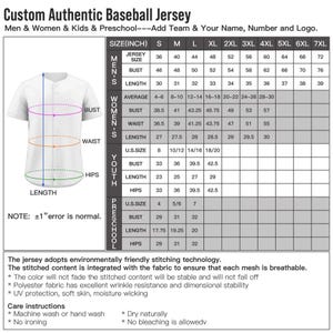 May include: A white baseball jersey with a sizing chart featuring measurements in inches for various categories. The graphic includes a diagram of the jersey with bust, waist, and length lines, alongside text detailing fabric features and care instructions.
