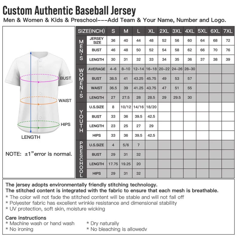 May include: A white baseball jersey with a sizing chart featuring measurements in inches for various categories. The graphic includes a diagram of the jersey with bust, waist, and length lines, alongside text detailing fabric features and care instructions.
