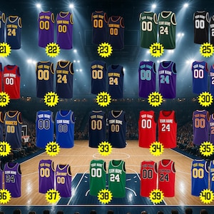 May include: A collection of sleeveless basketball jerseys in various colors, each featuring the text YOUR NAME or TEAM NAME above the number 00 or 24. The jerseys are arranged in a grid, numbered 21 through 40, against a basketball court background.