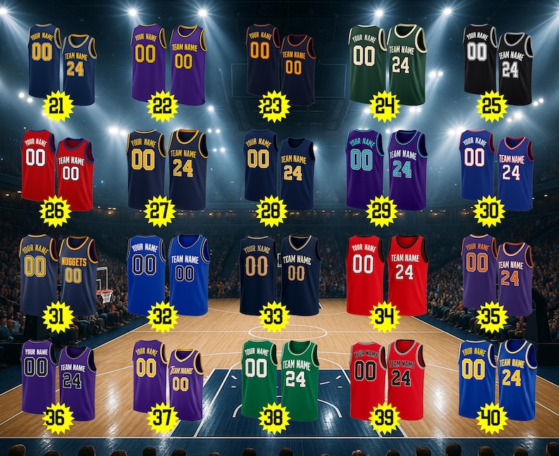 May include: A collection of sleeveless basketball jerseys in various colors, each featuring the text YOUR NAME or TEAM NAME above the number 00 or 24. The jerseys are arranged in a grid, numbered 21 through 40, against a basketball court background.