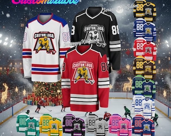 May include: Customisable hockey jerseys in various colours, including white, red, and black, with the text "Custom Logo" and a hockey player graphic. Each jersey has a number on the sleeves and back. The image also shows multiple jersey colour options.