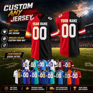 Puede incluir: Una camiseta de fútbol personalizada con un diseño bicolor, el texto TEAM NAME y el número 00 en la parte delantera y trasera. La imagen muestra varias combinaciones de colores, incluyendo opciones en rojo, negro, azul, blanco, morado y naranja.