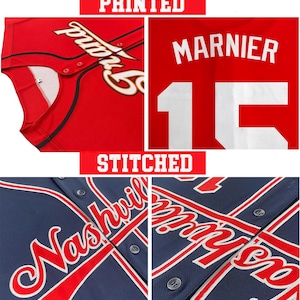 May include: A red baseball jersey with white and black script text and the name MARNIER with the number 16 in white, alongside a navy blue baseball jersey with red and white script text reading Nashville and black buttons down the front.
