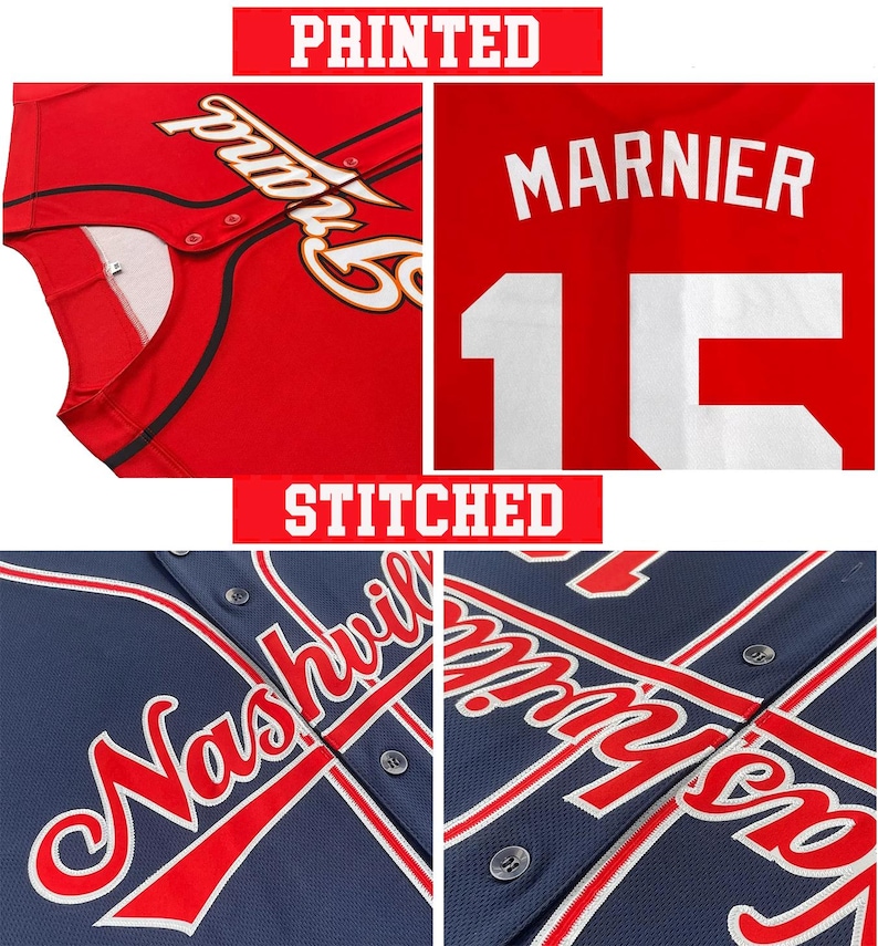 May include: A red baseball jersey with white and black script text and the name MARNIER with the number 16 in white, alongside a navy blue baseball jersey with red and white script text reading Nashville and black buttons down the front.