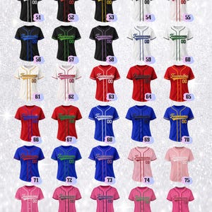 May include: A collection of thirty short-sleeved button-down baseball jerseys in various colors and pinstripe patterns. Each jersey features the text Teamname and the number 00 on the front, with numbered labels from 51 to 80 displayed below.