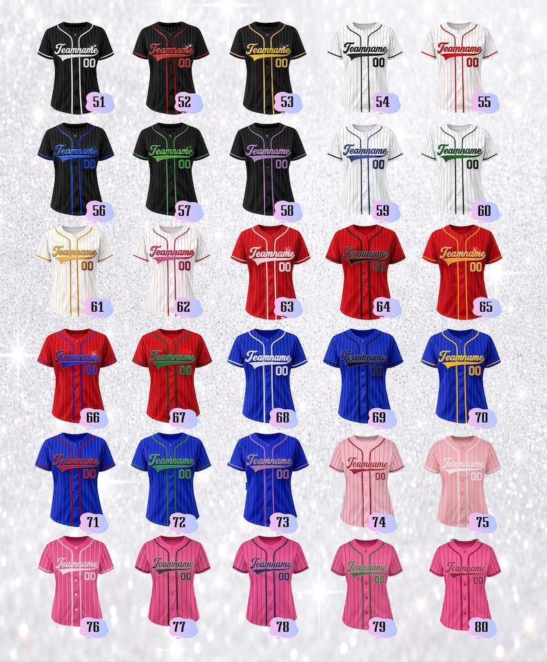 May include: A collection of thirty short-sleeved button-down baseball jerseys in various colors and pinstripe patterns. Each jersey features the text Teamname and the number 00 on the front, with numbered labels from 51 to 80 displayed below.