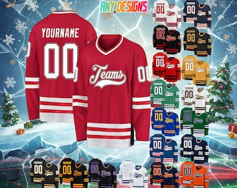 May include: Red hockey jersey with white stripes and the word "Teams" in a script font. The jersey has the number "00" on the front and back. The text "CUSTOM ANY DESIGNS" is in the upper right corner. Other jerseys in various colours are also shown.