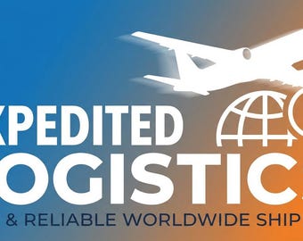May include: A graphic with a blue and orange gradient background. White text reads "EXPEDITED LOGISTICS" above "FAST & RELIABLE WORLDWIDE SHIPPING." A white airplane, globe, and clock icon are also present.