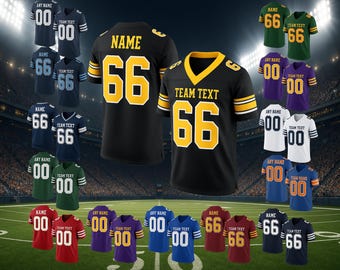 May include: A collection of customizable football jerseys in various colors, including black, green, red, blue, and purple. Each jersey features a number and space for personalized text. The jerseys are displayed on a green field.