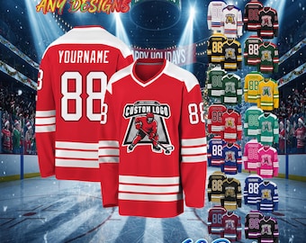 May include: Red hockey jerseys with white detailing and the number 88. One jersey has "YOURNAME" on the back. The front of the jersey features a custom logo with a hockey player. The image also displays "CUSTOM ANY DESIGNS" and "60 Designs".