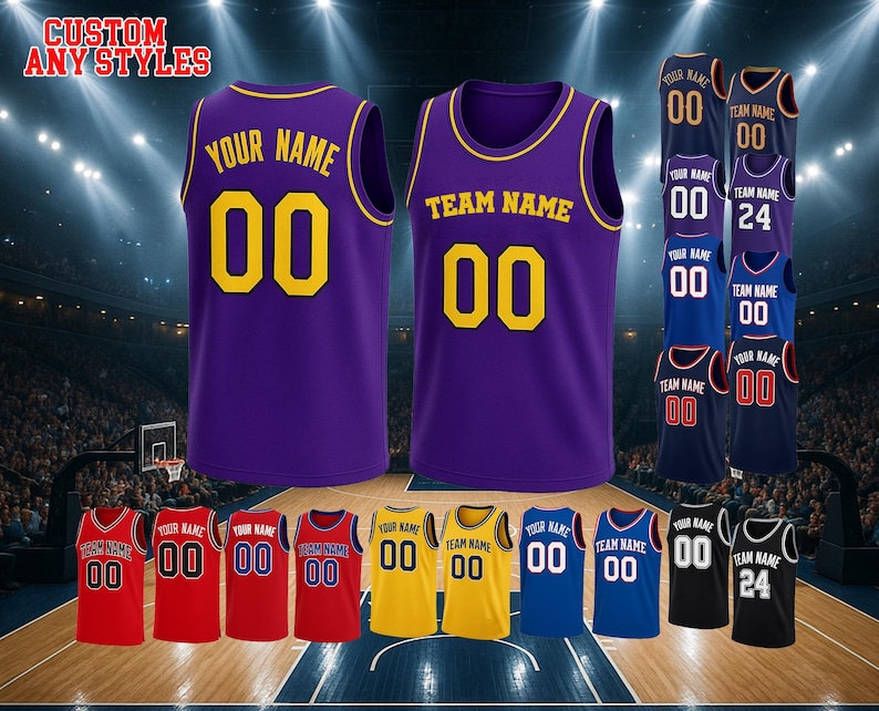 May include: A purple basketball jersey with yellow trim, featuring the text 'YOUR NAME' and 'TEAM NAME' with the number '00' in yellow. The image displays various color options of the jersey, including red, yellow, blue, and black, with the text 'CUSTOM ANY STYLES'.