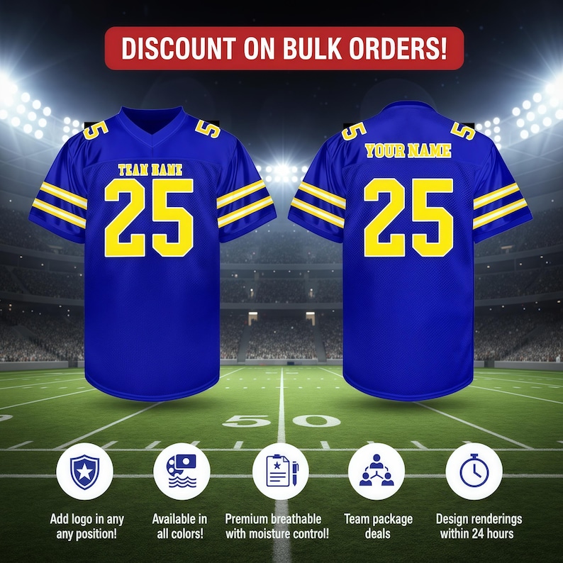 Puede incluir: Dos camisetas de f&uacute;tbol azules con detalles amarillos, con el n&uacute;mero 25. Una muestra "TEAM NAME", la otra "YOUR NAME". La imagen incluye el texto "DISCOUNT ON BULK ORDERS!" e iconos que indican opciones de personalizaci&oacute;n.