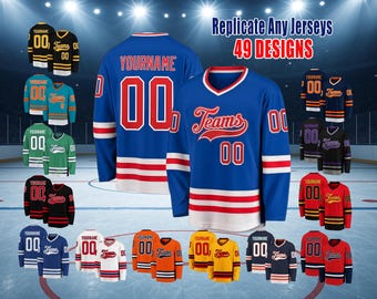 May include: A selection of hockey jerseys in diverse colours, such as blue, black, and red. Each jersey displays a team name, the number "00", and the option to replicate any design. The text "Replicate Any Jerseys 49 DESIGNS" is visible.