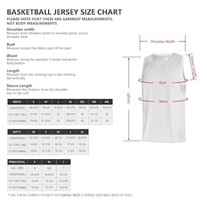 May include: A basketball jersey size chart featuring a white sleeveless jersey illustration with red measurement lines for shoulder width, sleeve length, bust, waist, and length. Includes tables for men's, boy's, and preschool sizes in inches.