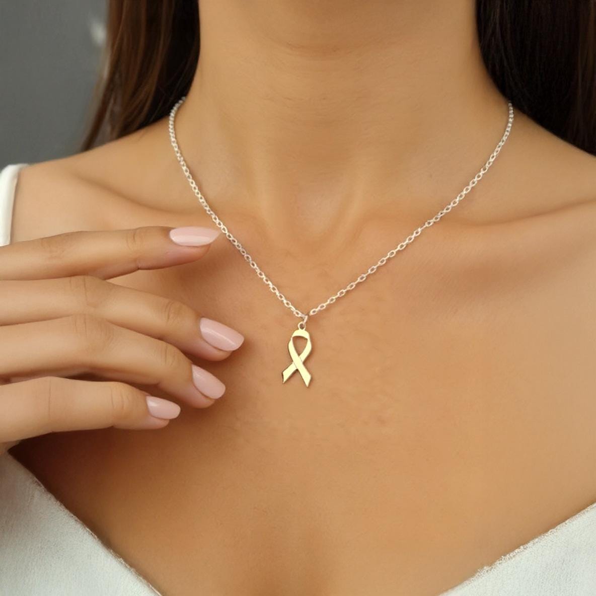 Breast Cancer Ribbon Necklace, Breast Cancer Symbol Necklace, Breast Cancer Pendant Gift For Mother, Cancer Awareness Ribbon Dainty Pendant
