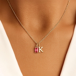 Letter Birthstone Necklace, Baguette Birthstone Pendant, Customized Letter Necklace, Dainty Initial Necklace, Mothers Initial Pendant Gift