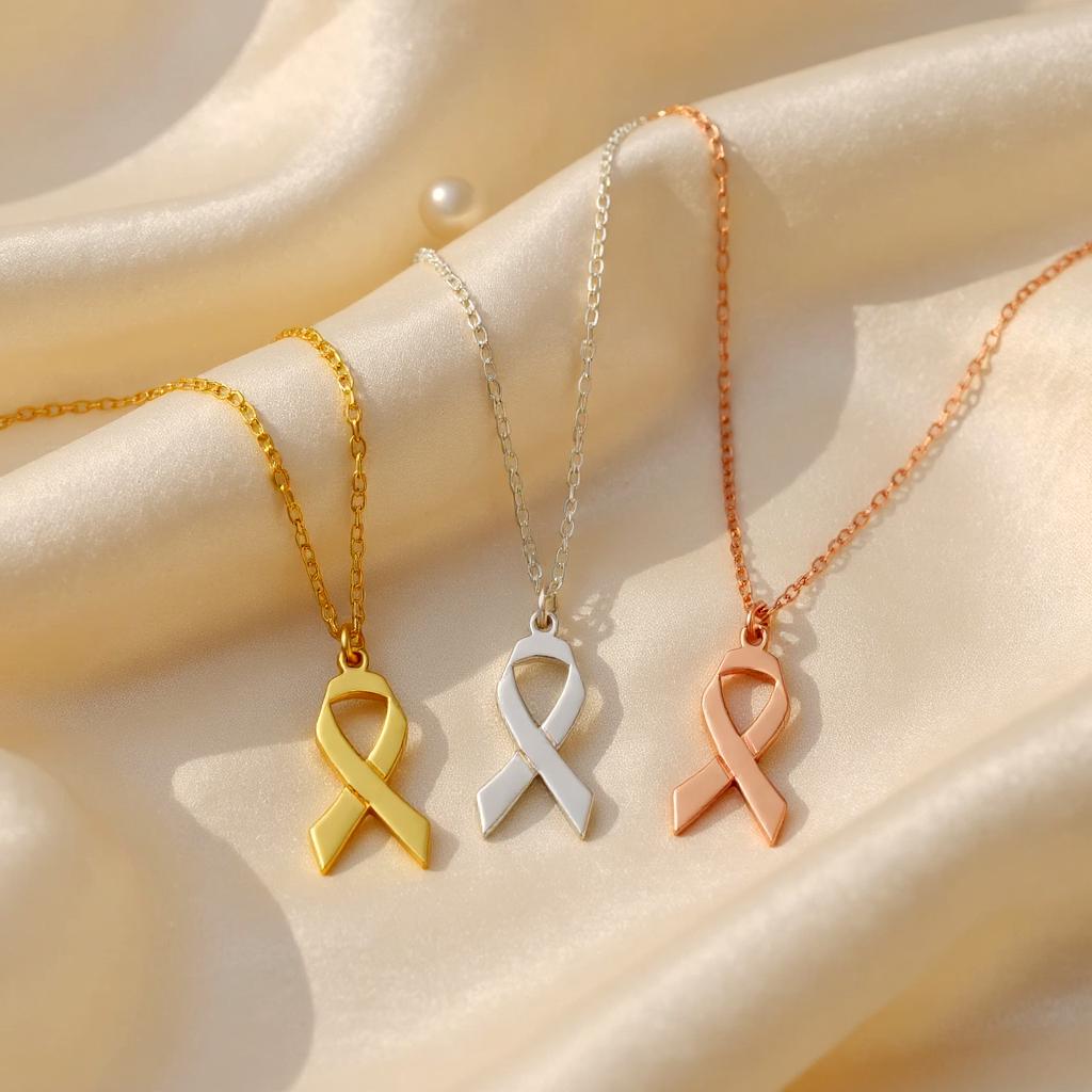 Breast Cancer Ribbon Necklace, Breast Cancer Symbol Necklace, Breast Cancer Pendant Gift For Mother, Cancer Awareness Ribbon Dainty Pendant