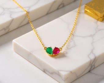 Double Birthstone Necklace, Couple Birthstone Necklace, Birthstone Heart Necklace, Birthstone Customized Necklace, Birthstone Gold Necklace