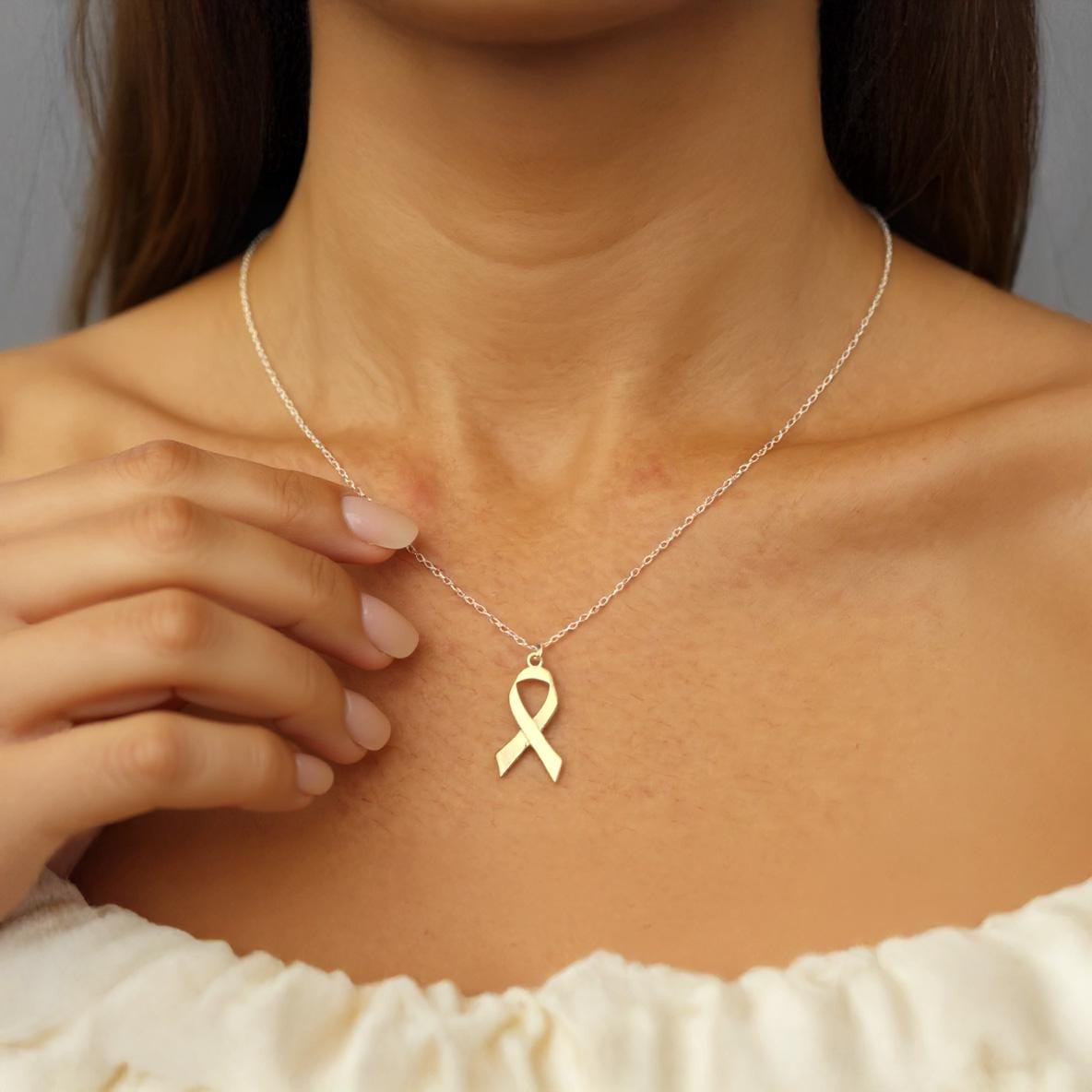 Breast Cancer Ribbon Necklace, Breast Cancer Symbol Necklace, Breast Cancer Pendant Gift For Mother, Cancer Awareness Ribbon Dainty Pendant