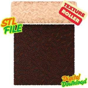 May include: A beige texture roller with a coffee bean pattern, alongside a dark brown square with the same design. The image includes the text "STL FILE", "TEXTURE ROLLER", and "Digital Download".